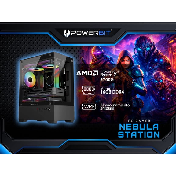 PC Gamer Powerbit Nebula Station: Procesador AMD Ryzen 7 5700G (hasta 4.6 GHz), Memoria de 16GB DDR4, SSD de 512GB, Video Radeon Graphics, S.O. Windows 11 Home (Versión de Prueba).