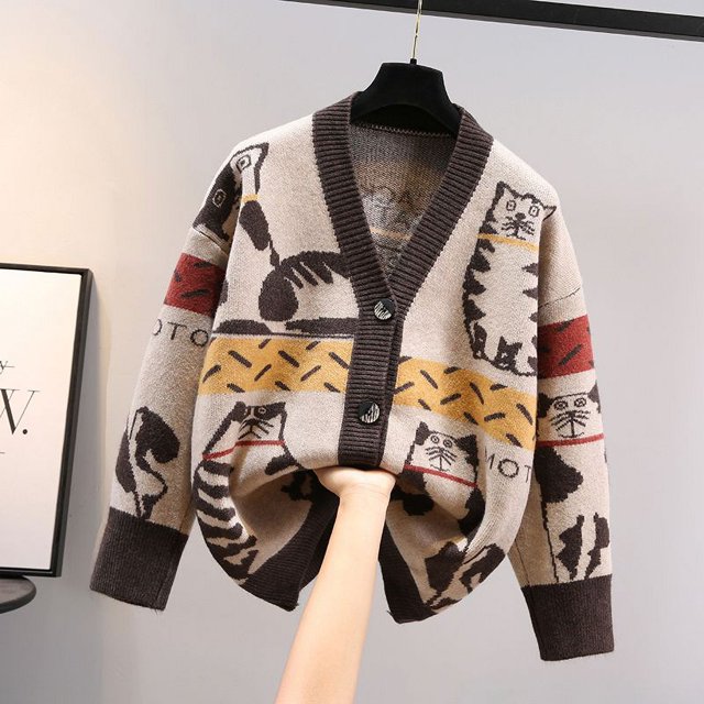 Suéter de moda con cuello en V para mujer, cárdigan de punto con dibujos animados en color contrastante, primavera y otoño de 2023
