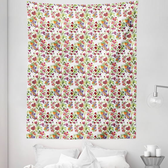 Garden Art Tapestry, Watercolor Style Composition with Colorful Wildflowers Blossoming Seasonal Flora, Fabric Wall Hanging Decor for Bedroom Living Room Dorm, 5 Sizes, Multicolor, by Ambesonne