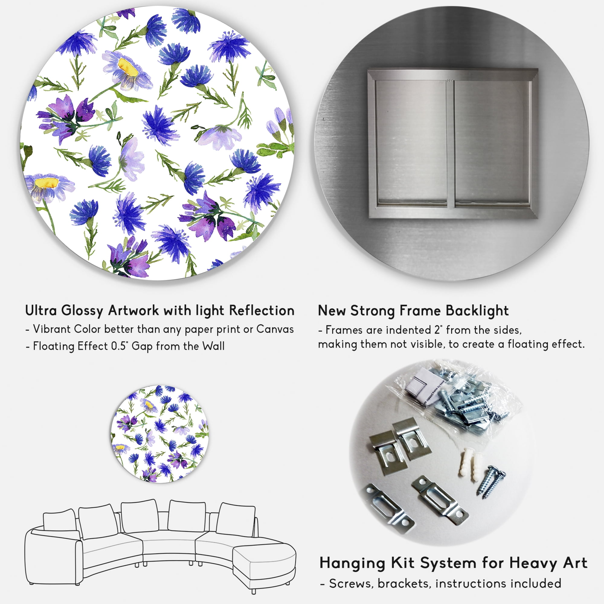 Designart 'Blue Wildflowers With Leaves III' Traditional Circle Metal Wall Art 23x23 - Disc of 23