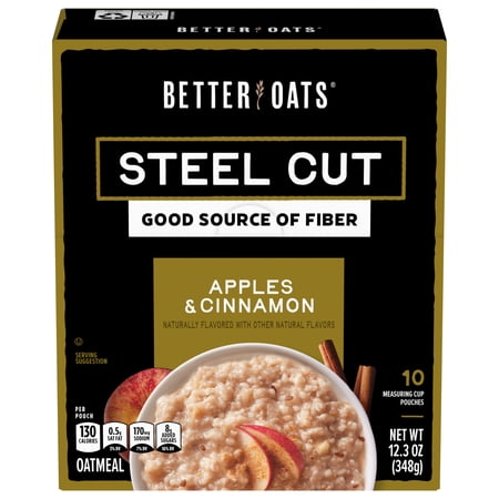 Better Oats Steel Cut Oatmeal, Apples and Cinnamon Oatmeal, Hearty, 10 Steel Cut Oatmeal Packets, 12.3 oz Pack