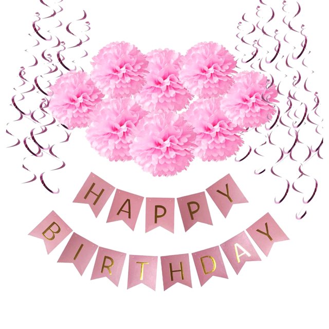 juego de decoración de fiesta de feliz cumpleaños para decoración del hogar de fiesta de princesa niñas conjunto rosa con 8 pompones de papel (4 de 10 in, 4 de 8 in), 10 remolinos colgantes de 50 cm y guirnalda de banderines "HAPPY BIRTHDAY" en papel rosa con letras doradas. Vista frontal centrada sobre fondo blanco; se puede colgar en paredes, mesas o usar como telón de fondo de fotos; a menudo se usa también para decorar baby showers o sesiones de fotos infantiles.