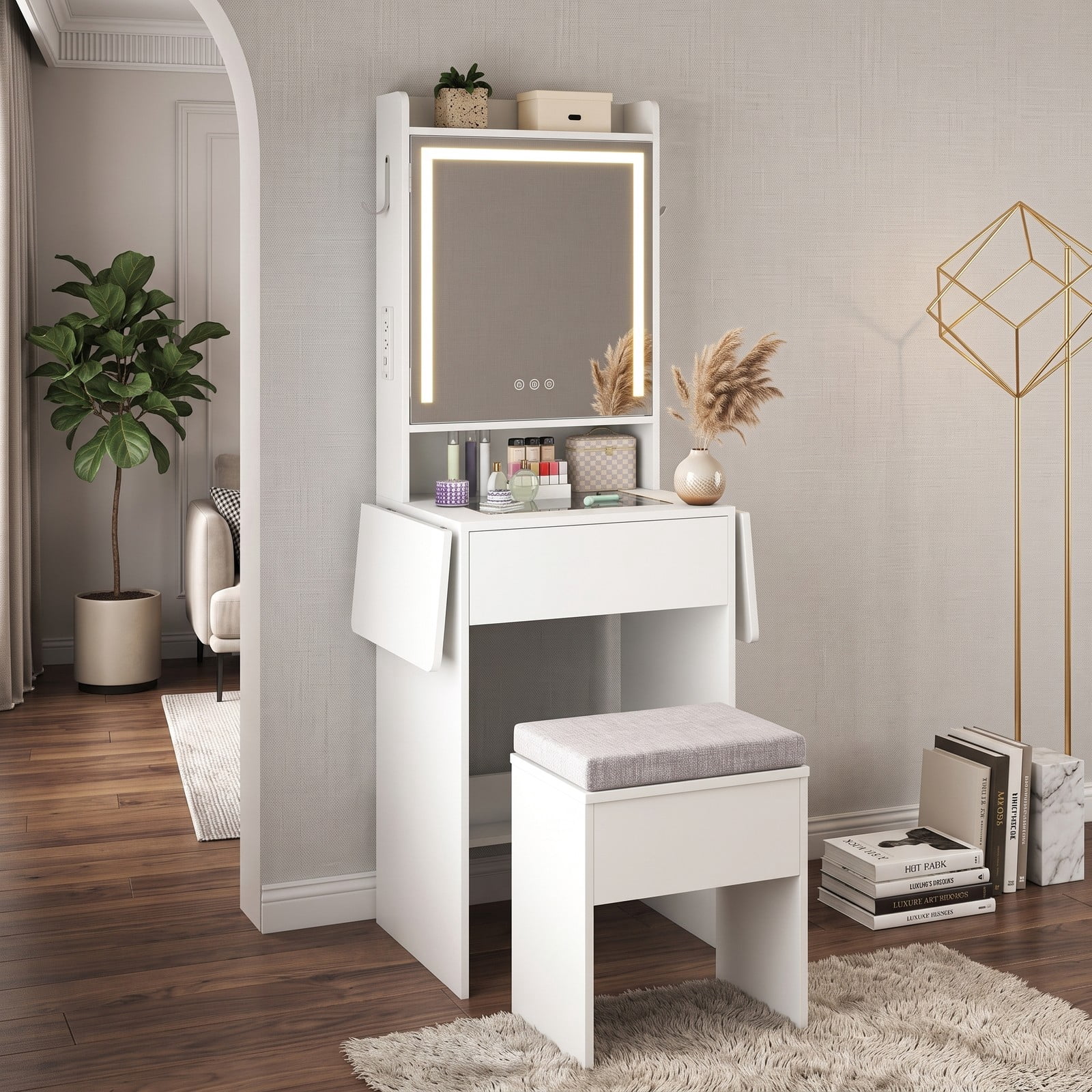 Furnibear Space Saving Vanity Desk with Foldable Drop Leaf Tables and LED Lighted Mirror and Storage Stool for Small Bedroom,White
