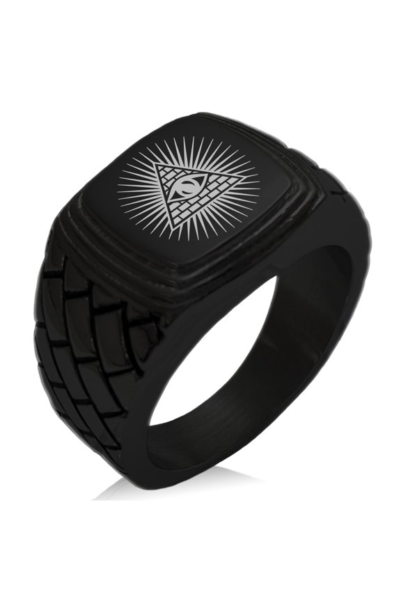 Stainless Steel All Seeing Eye of Providence Geometric Pattern Step-Down Biker Style Polished Ring