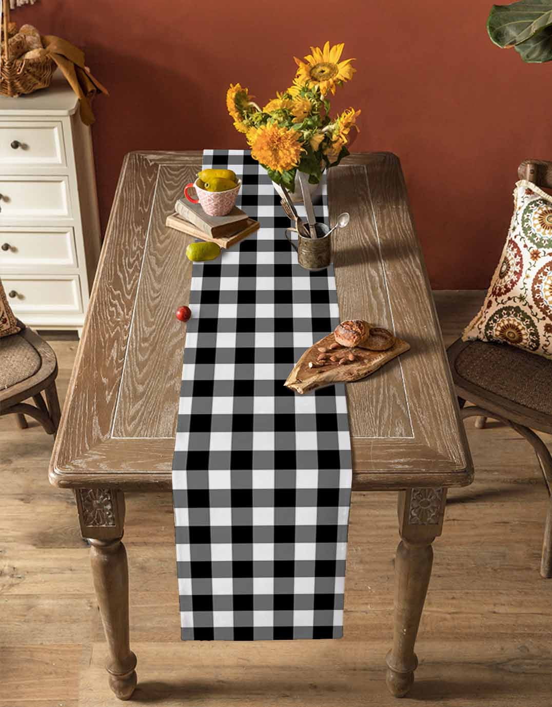 nqOlkjepod Black White Plaid Table Runner 70 Inches Long Farmhouse Dress Scarves, Gradient Geometric Buffalo Checkered Dining Tablerunner for Coffee Table/Kitchen Island/Party Décor, 13" x 70"