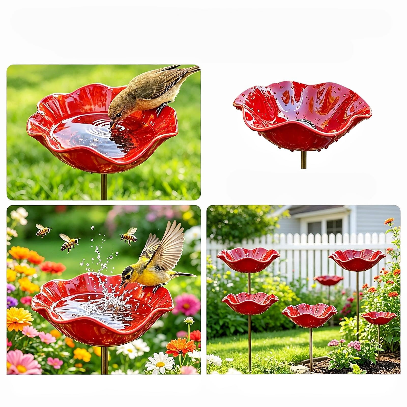 Handmade Metal Flower Garden Stake, Bee Bath & Bird Water Feeder, Shallow Basin Design, Colorful Bee Bath Bowl for Outdoor Yard Patio Garden Ornament