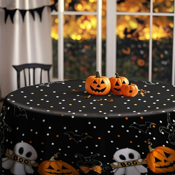 Halloween Round Tablecloth with Ghost, Pumpkin, Bat Pattern, Black, 60x60 Inch, Indoor Party Table Decoration