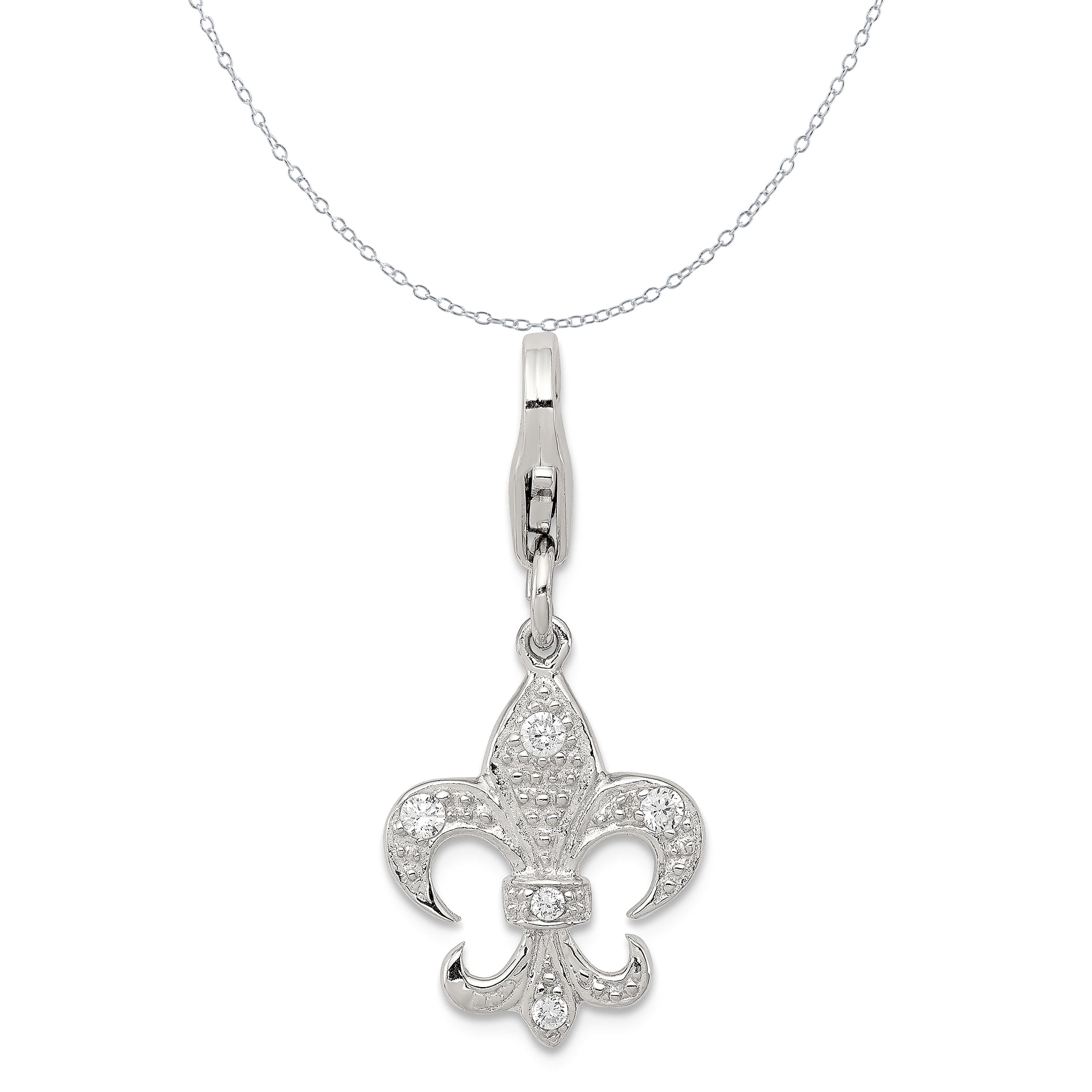 Sterling Silver Synthetic CZ Fleur De Lis With Flash Champagne-Tone Slide Pendant on a Sterling Silver Cable Snake or Ball Chain Necklace