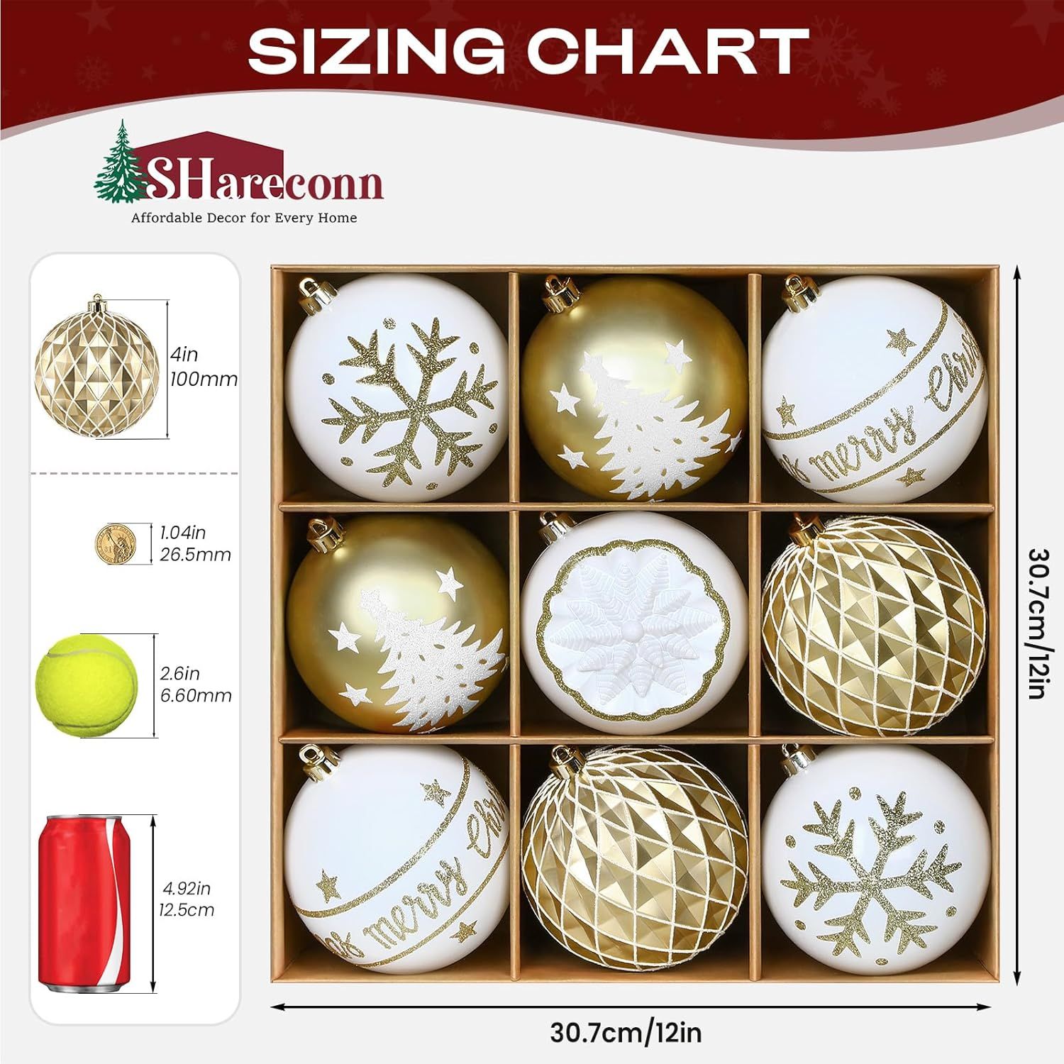 100MM/4 Inch 9PCS Large Christmas Balls Ornaments, Shatterproof Plastic Hanging Big Baubles Set for Xmas Tree Decoration Holiday Party Wedding Decorations with Hook