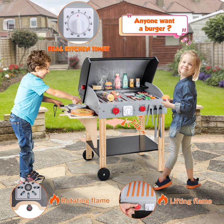 iYofe Wooden Play Kitchen for Toddlers 1-3, 52 PCS Kids BBQ Grill