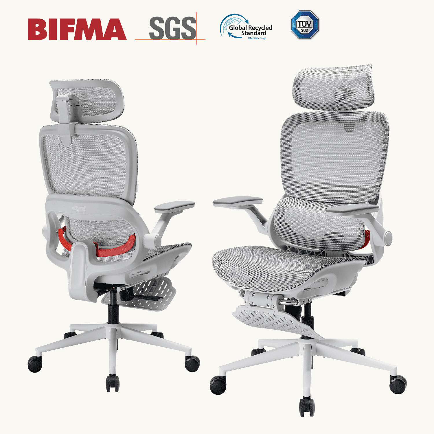 SIHOO B100 PRO Ergonomic Office Chair with Footrest, Mesh Office Chair with Adaptive Lumbar Support, Computer Chair with Wide Headrest, Desk Chair with 360° Rotatable Flip-Up Armrests, Light Grey