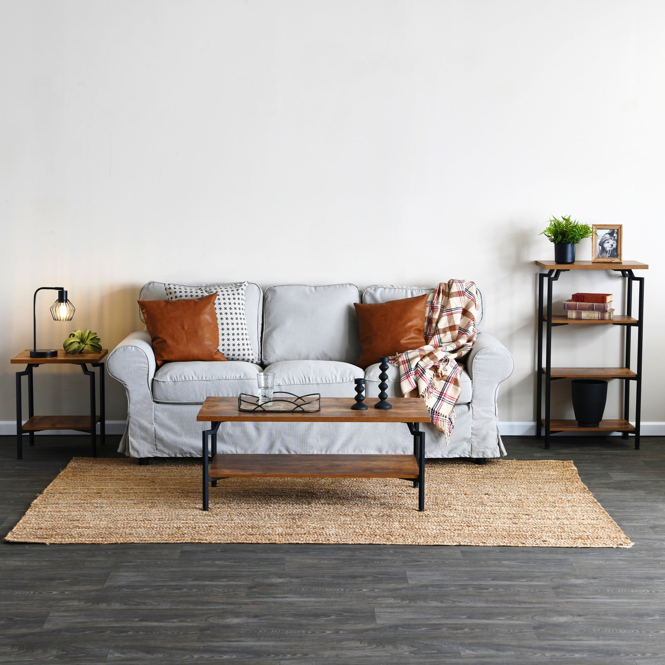 Household Essentials Crown Rectangular Coffee Table with Storage Shelf Rustic Hickory Wood Grain and Black Metal