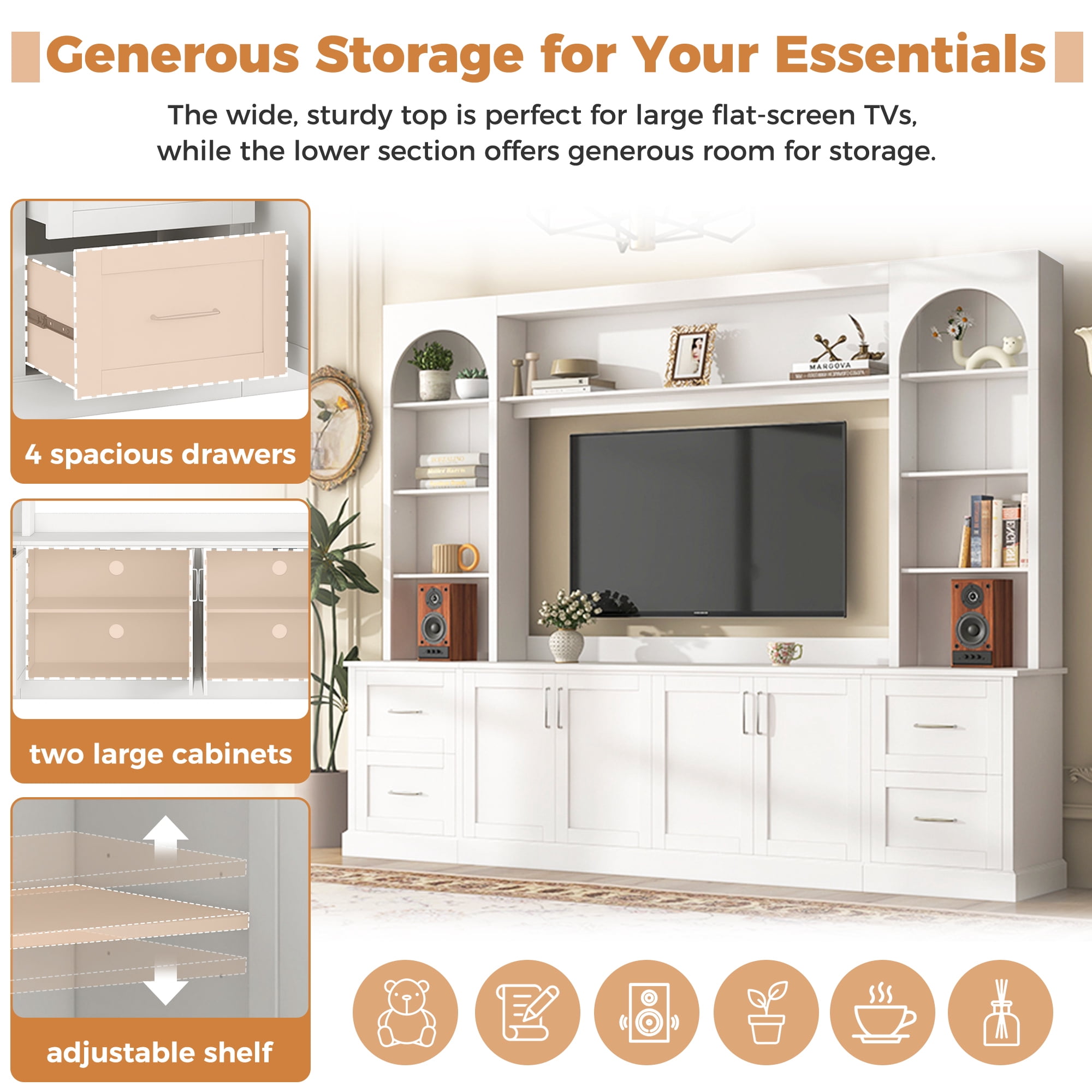 Modern Arched Entertainment Center Wall Unit with Drawers, Farmhouse TV Stand for TVs Up to 65 Inch, All-in-One Media Console with Adjustable Shelves and Cable Management for Living Room