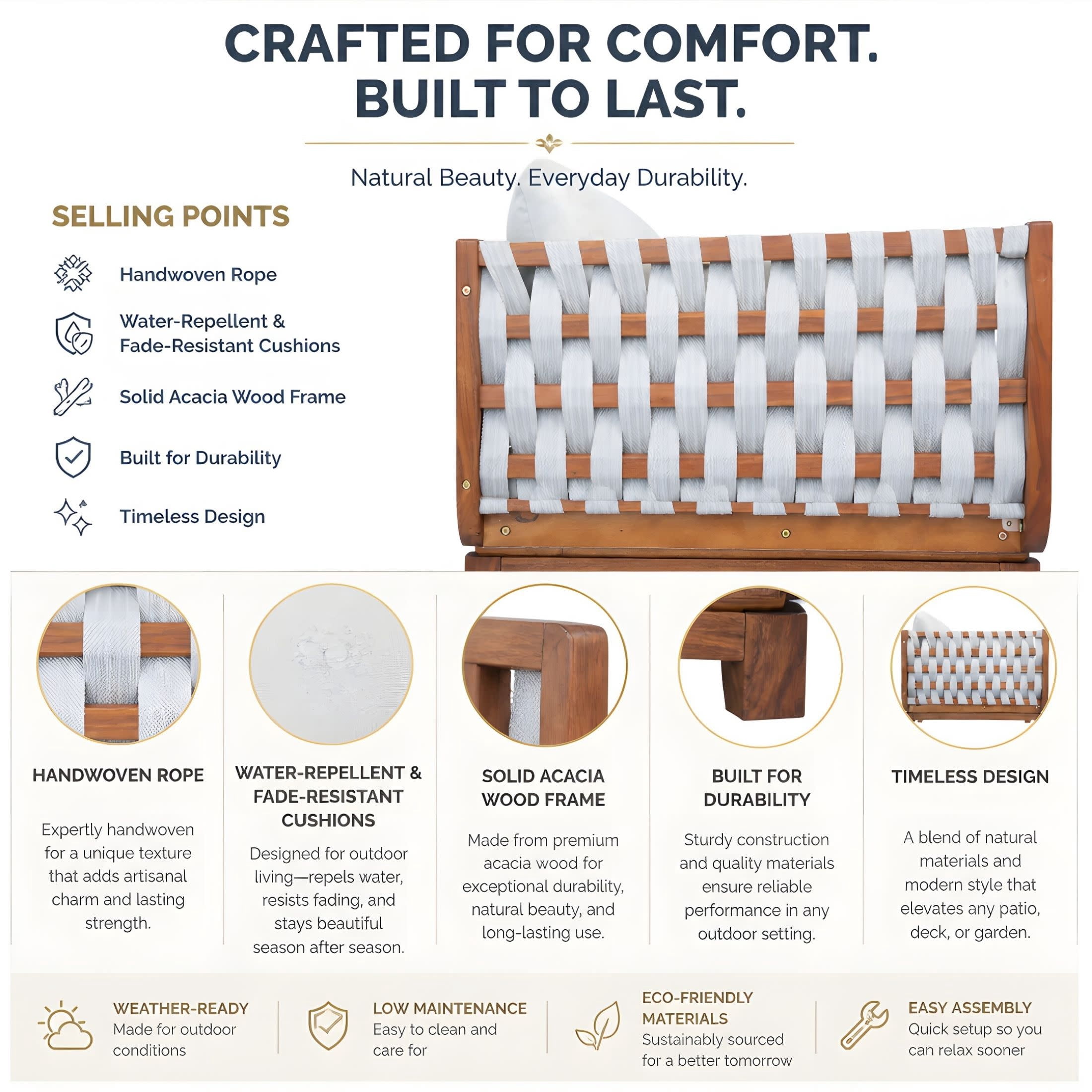 Christopher Knight Home Acacia Wood Outdoor 3-Seater Sofa with Rope Back and Cushions, Teak+Beige