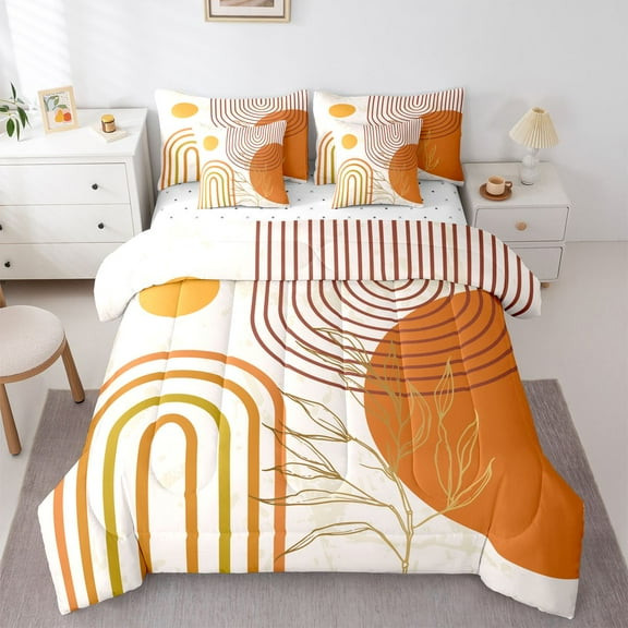 Homewish Mid Century Geometric 7-Piece Twin Bedding Sets for Teens Boys Girls,Minimalist Stripes Bedding Comforter Set,Vintage Aesthetic Breathable Sheet Sets,Lightweight Room Decor,Reversible