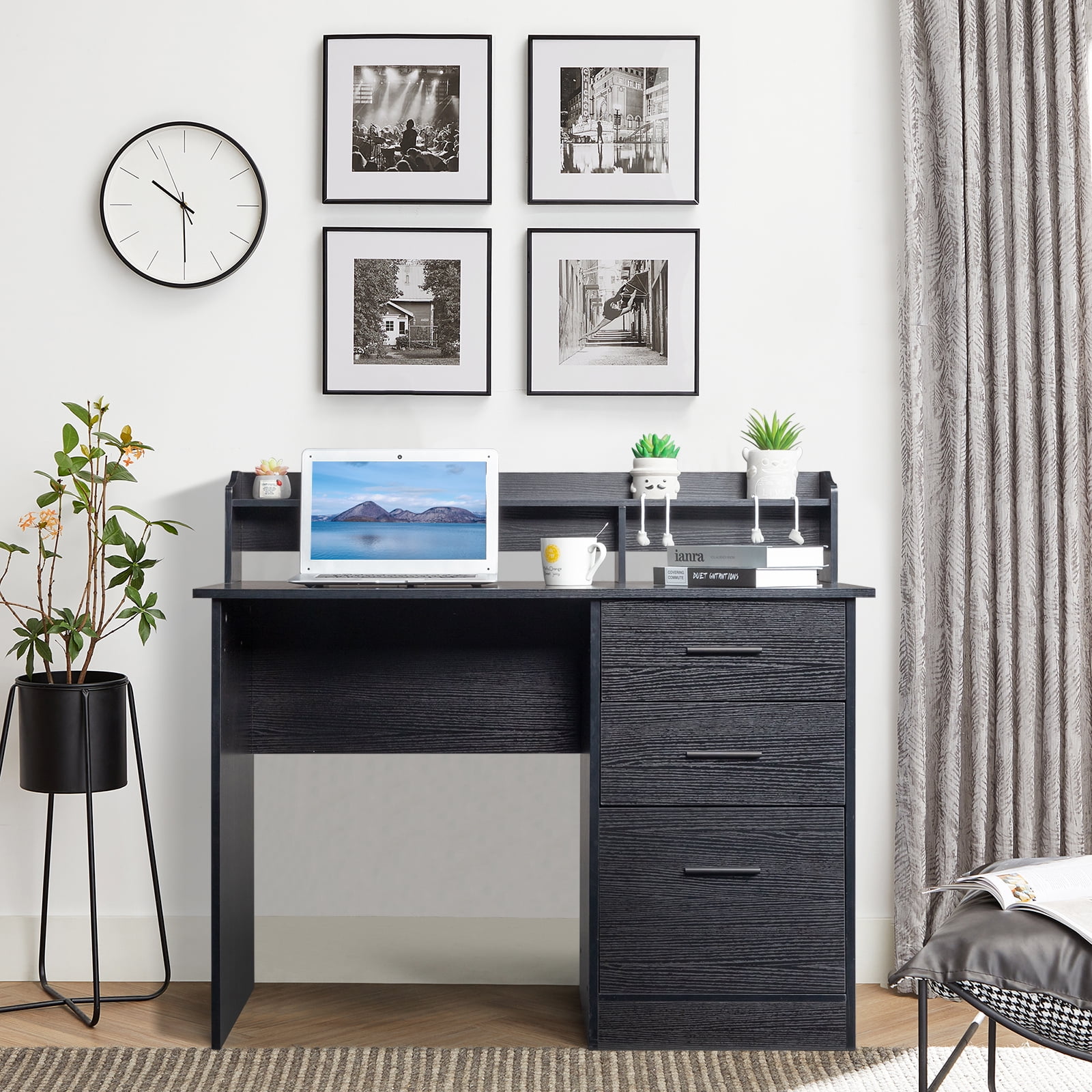Computer Desk, Particleboard Paste Triamine Desktop Storage Layer Three Drawers Black Wood Grain, 110*50*95cm