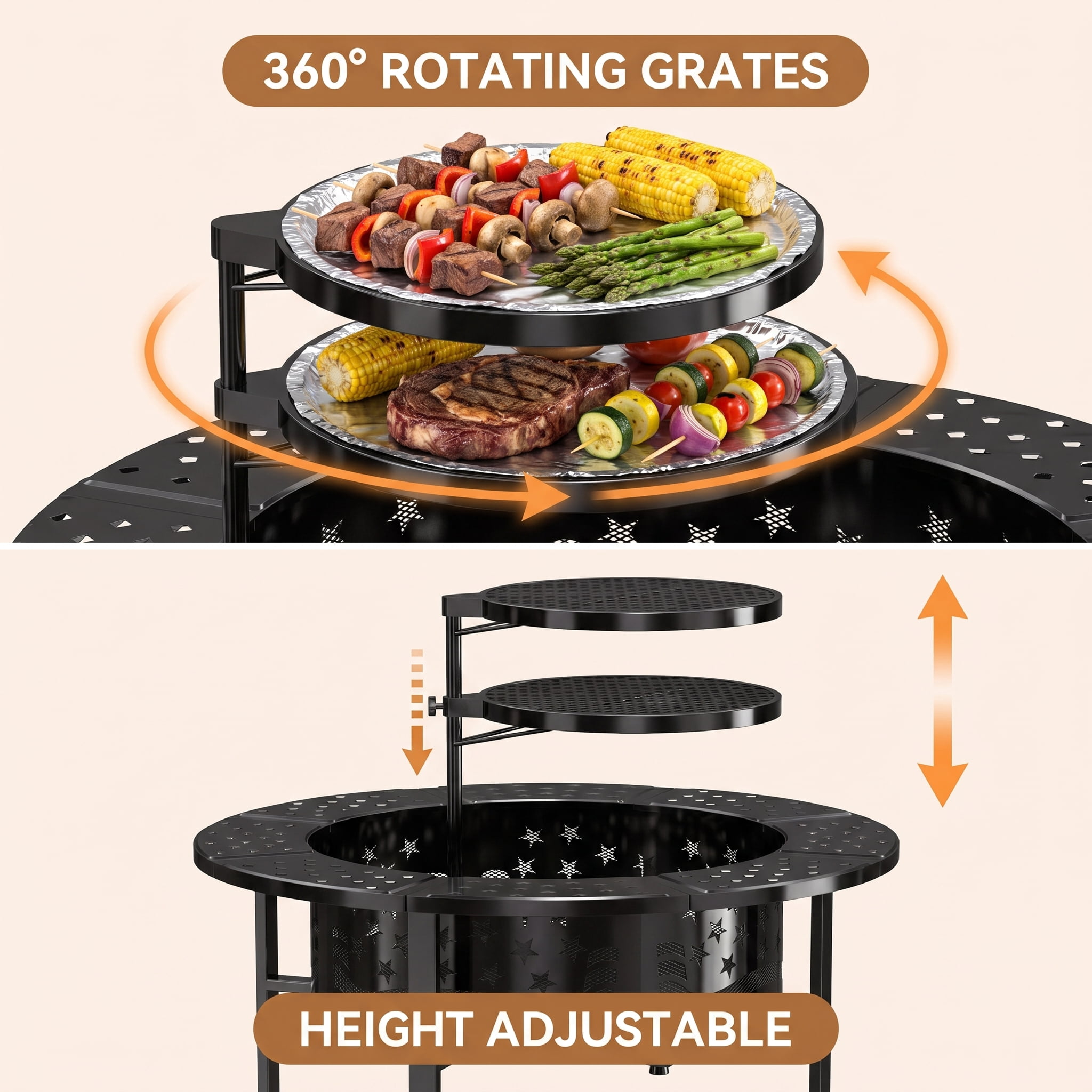 Prilinex 42" Fire Pit Outdoor with Poker, Large Round Fire Pits for Outside with 2 Adjustable Grills, Lid for Patio Backyard BBQ