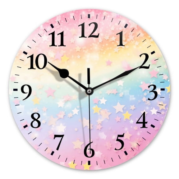 Non-Ticking Silent Wall Clocks Battery Operated Personalized Decor Clock for Bathroom,Office-Colorful Pastel Rainbow Stars Background And Soft Dreamy Blurry Style（16inch）