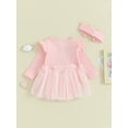 thumbnail image 4 of Wassery Baby Girl Rompers Dress Infant Girl Long Sleeve Round Neck Ribbed Tulle Bodysuit Headband 6M 12M 18M 24M Newborn Girl Fall Sweet Clothes, 4 of 9