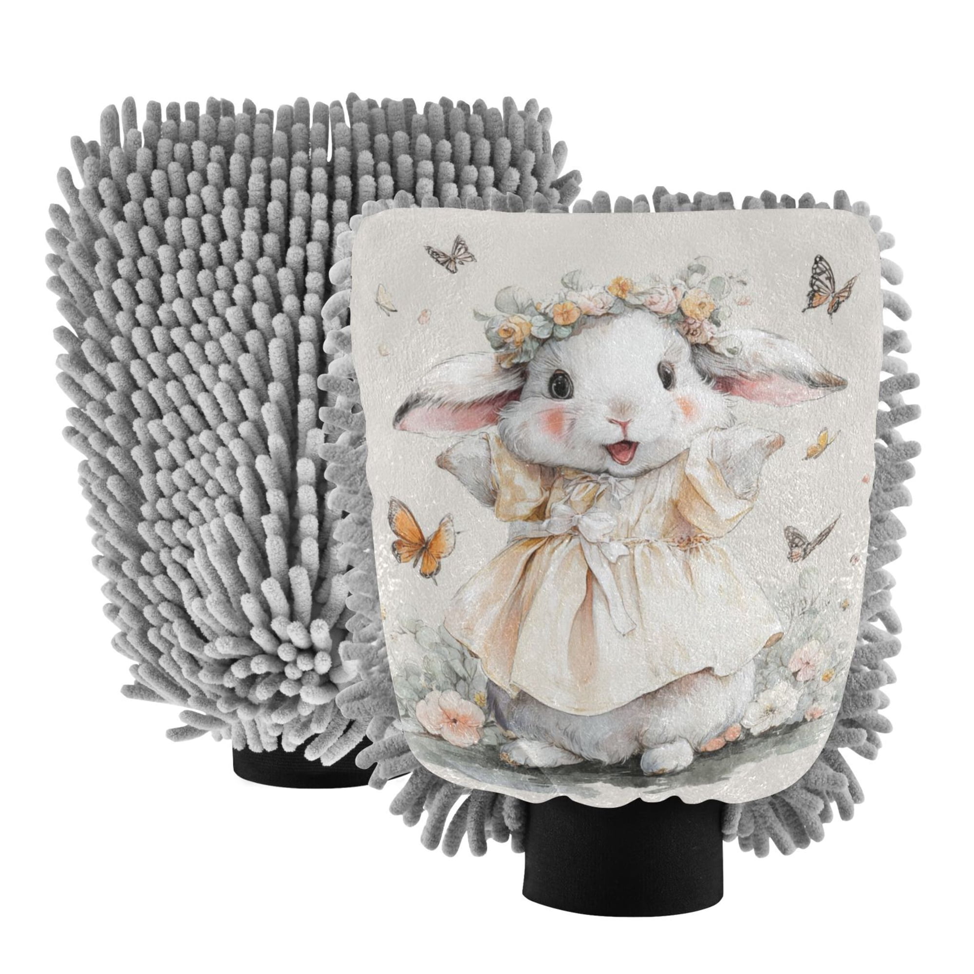 Microfiber Car Wash Gloves With Chenille & Polyester Terry Scratch-Free Cleaning Elastic Cuffs White Rabbit