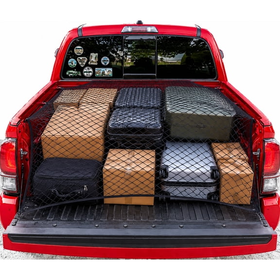 Heavy Duty Elastic Cargo Net 4'x4' (Stretches to 7'x7') , Double Layer Truck Bed Mesh Organizer for Pickup, SUV, ATV , Secures Luggage, Tools, Camping Gear , Weatherproof Bungee Tie Down Net