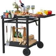 Outdoor Grill Table Cart 35" x 22" Movable Pizza Oven Stand Foldable Double-Shelf Grill Cart Food Prep Trolley Dining Cart Fit for Ooni Ninja Woodfire Blackstone Pizza Oven