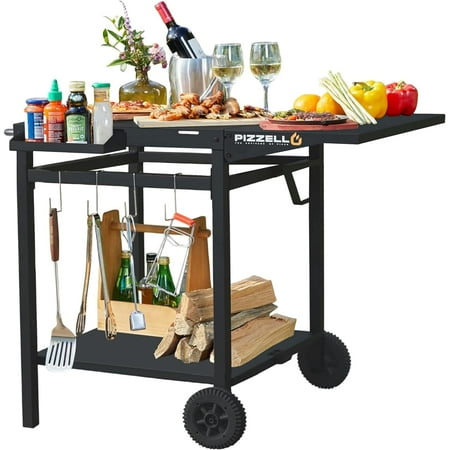 Outdoor Grill Table Cart 35" x 22" Movable Pizza Oven Stand Foldable Double-Shelf Grill Cart Food Prep Trolley Dining Cart Fit for Ooni Ninja Woodfire Blackstone Pizza Oven