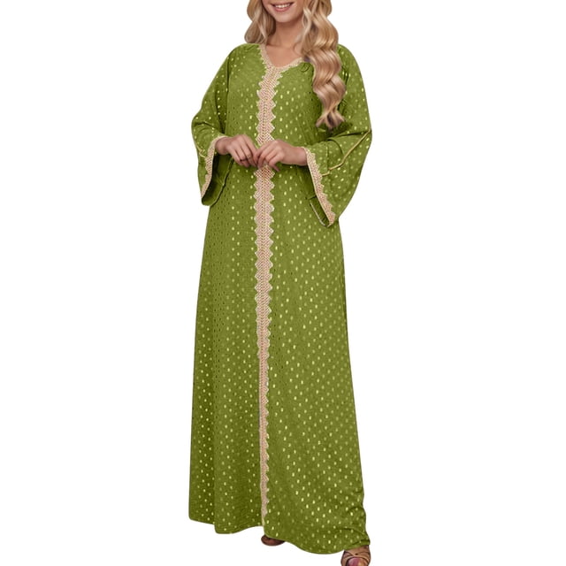 Robe Abaya Musulmane Femme Col en V Kaftan Prière Islamique Robe Brodée Bronzante Robe Longue Soirée Vacances