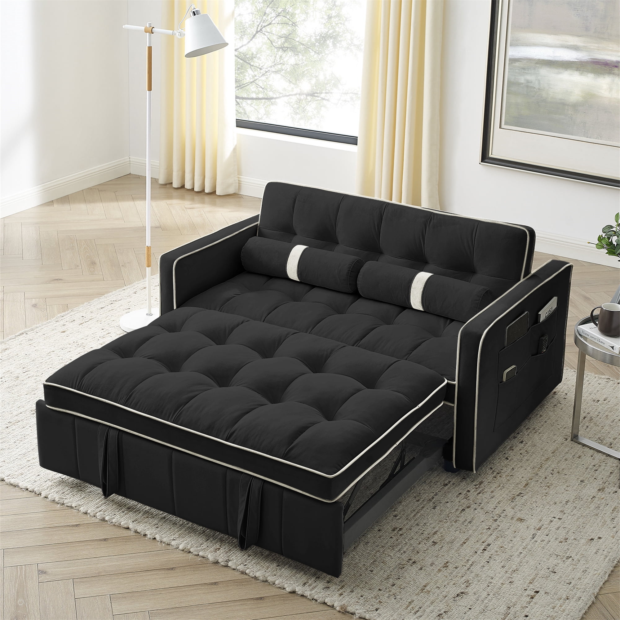 Aukfa Pull Out Sofa Bed, Tufted Convertible Sleeper Sofa Futon Sofa for Home Office, Velvet, Black