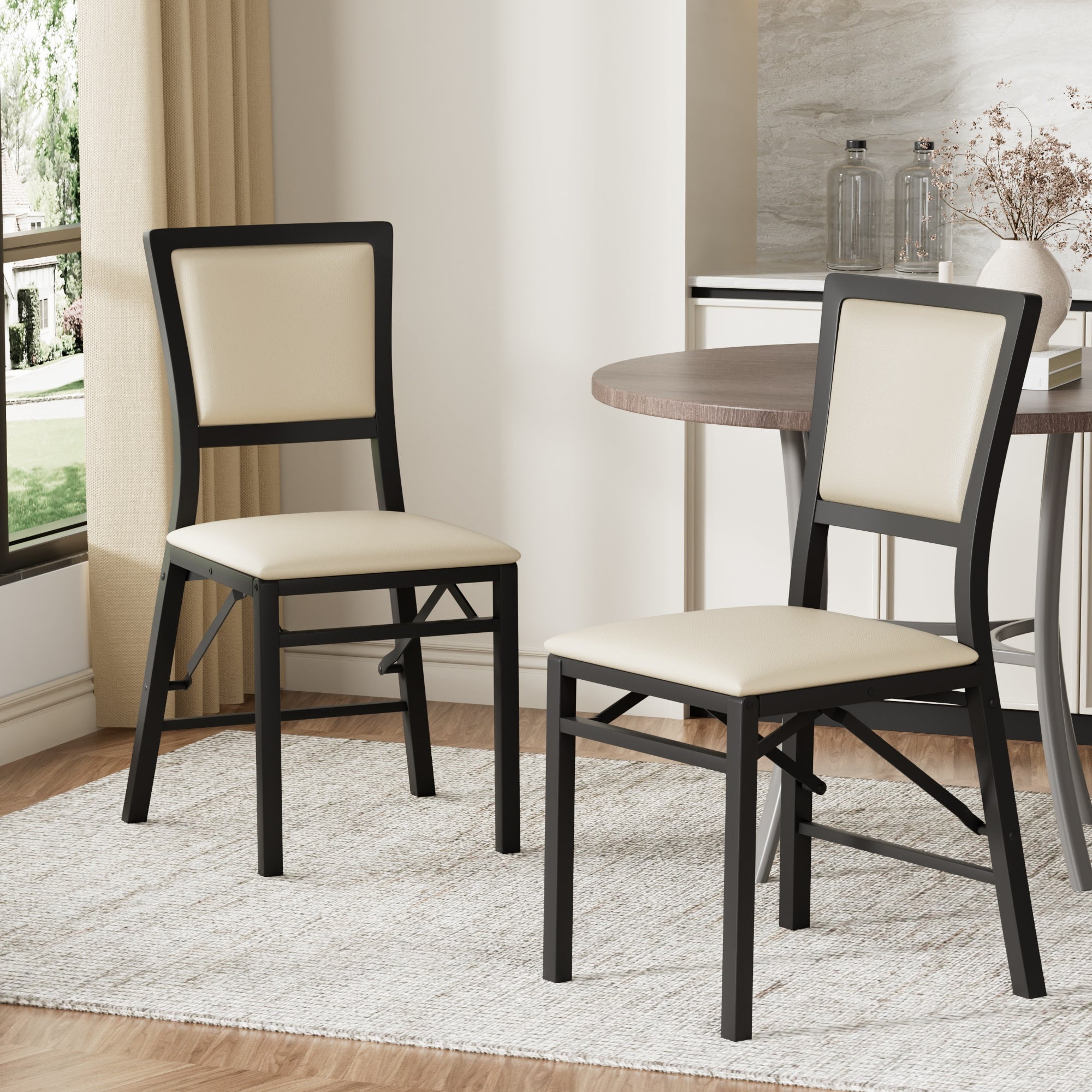 VECELO Dining Chairs Set of 2, Space-Saving and No Assembly, High Back PU Upholstered Folding Chairs with Metal Frame for Kitchen and Living Room, Beige