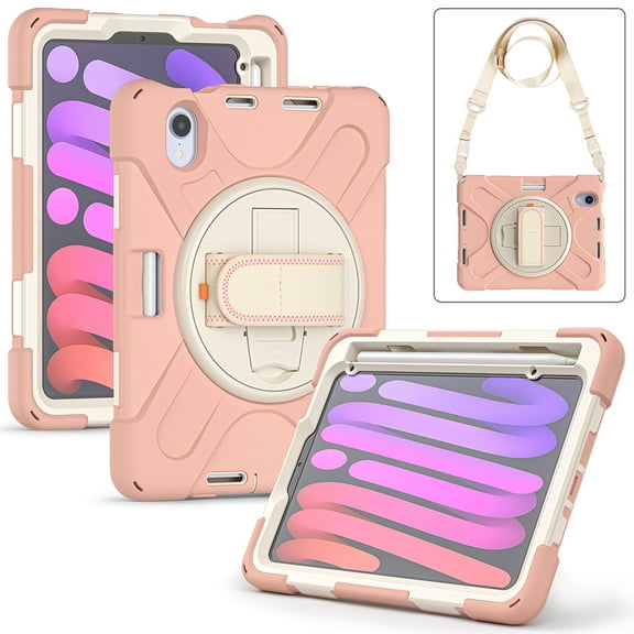 For Apple iPad Mini 6 (2021) Heavy Duty Rugged Hybrid with Kickstand, Shoulder Hand Strap, Pencil Holder Shockproof Full Protective Cover ,Xpm Phone Case [Pink]