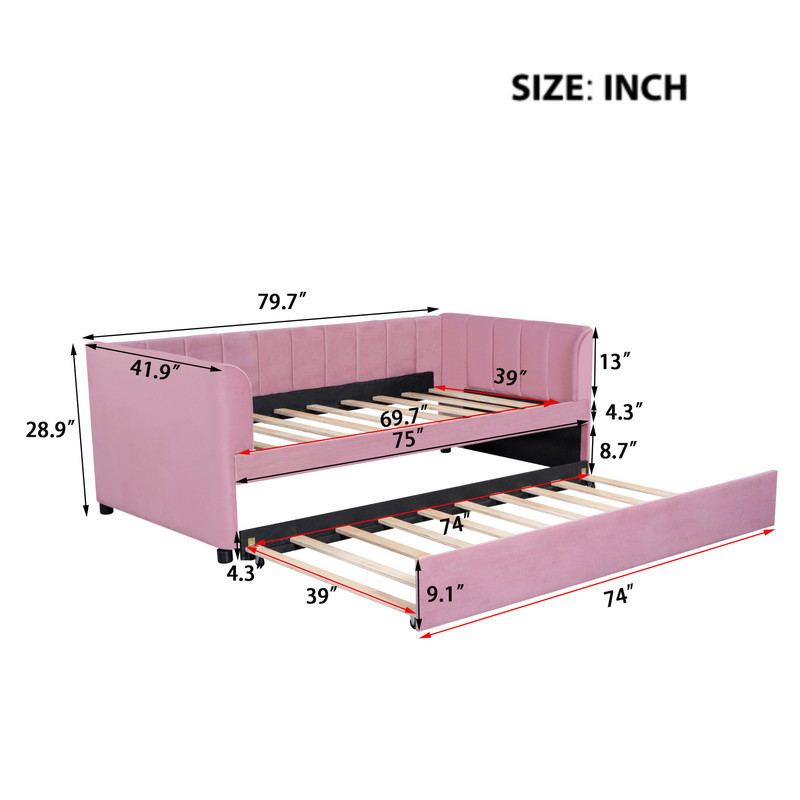 Aukfa Daybed with Trundle, Twin Size Upholstered Bed Frame, Velvet, Pink
