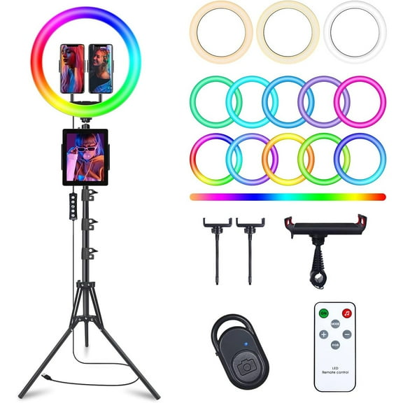 13" Selfie Ring Light with 76" Tripod Stand & 3 Phone Holder, LED Camera Ringlight with 48 RGB Colors Modes & Musical Rhythm Mode and 12 Brightness Dimmable for Makeup/Photography/Videos/Vlog/TikTok