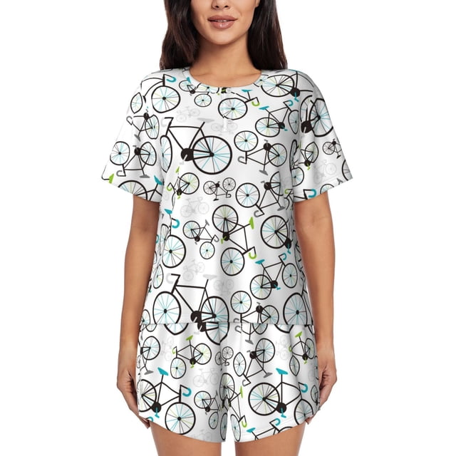 Fotbe Bicycle Conjunto de Pijama Estampado para Mujer, 2 Piezas, Ropa de Dormir con Camiseta de Manga Corta y Shorts Suaves-Small