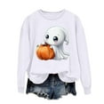 thumbnail image 2 of CLOISE Halloween Sweatshirts Women Trendy Ghost Graphic Pullover Sweatshirts Fall Long Sleeve Round Neck Hoodies Shirts Soft Tees Halloween Gift Clothes White L Trick, 2 of 5