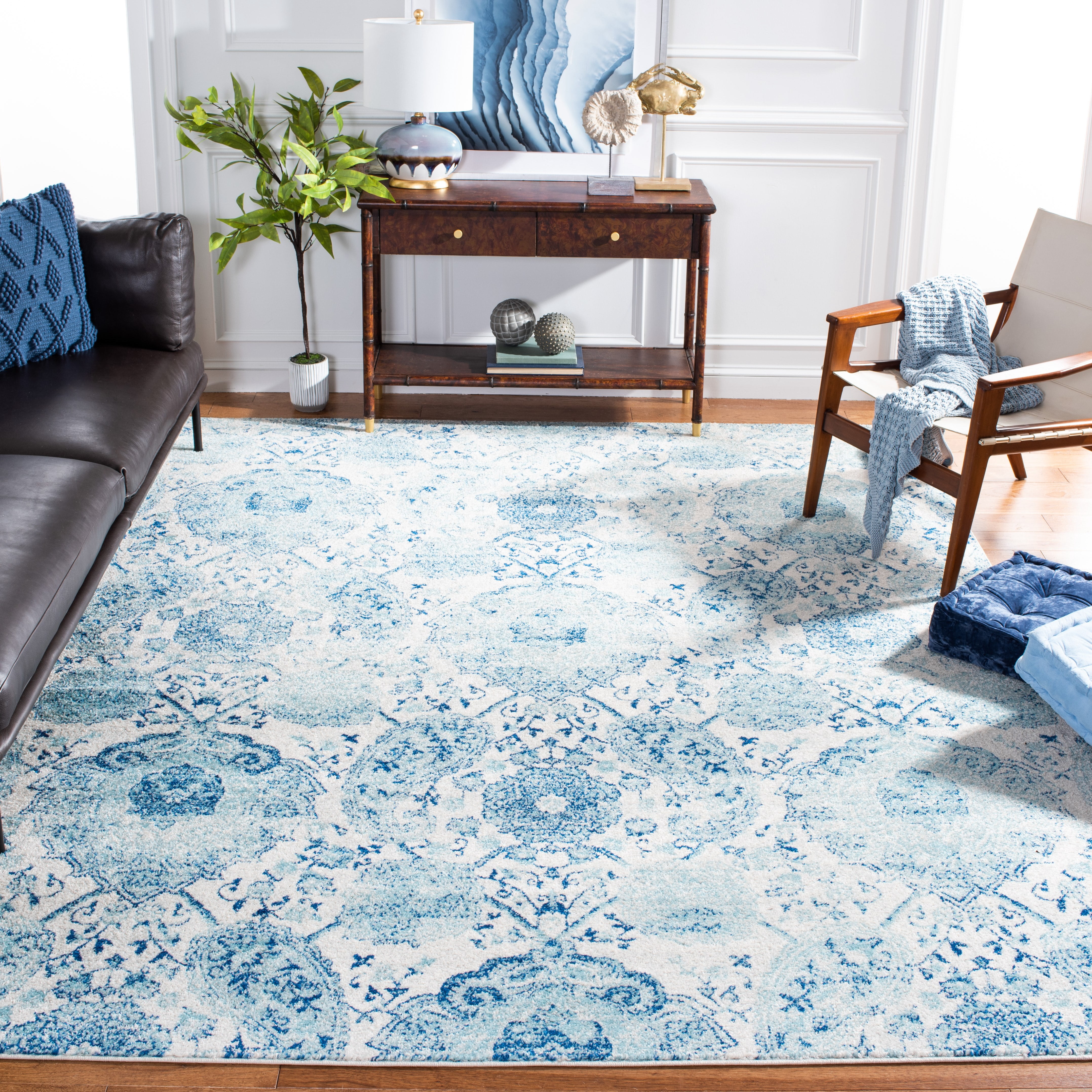 SAFAVIEH Madison Hope Floral Area Rug, Cream/Turquoise, 6'7" x 6'7" Square