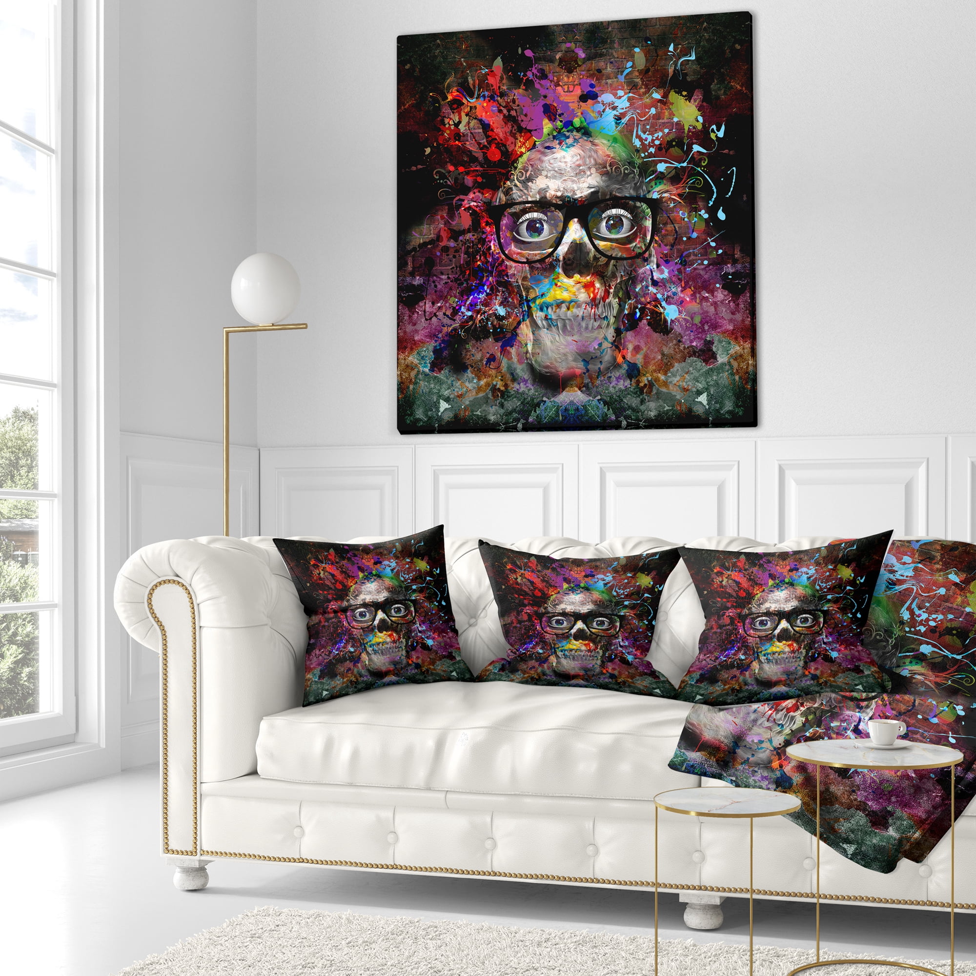 Designart Colorful Human Skull with Glasses - Abstract Throw Pillow - 18x18