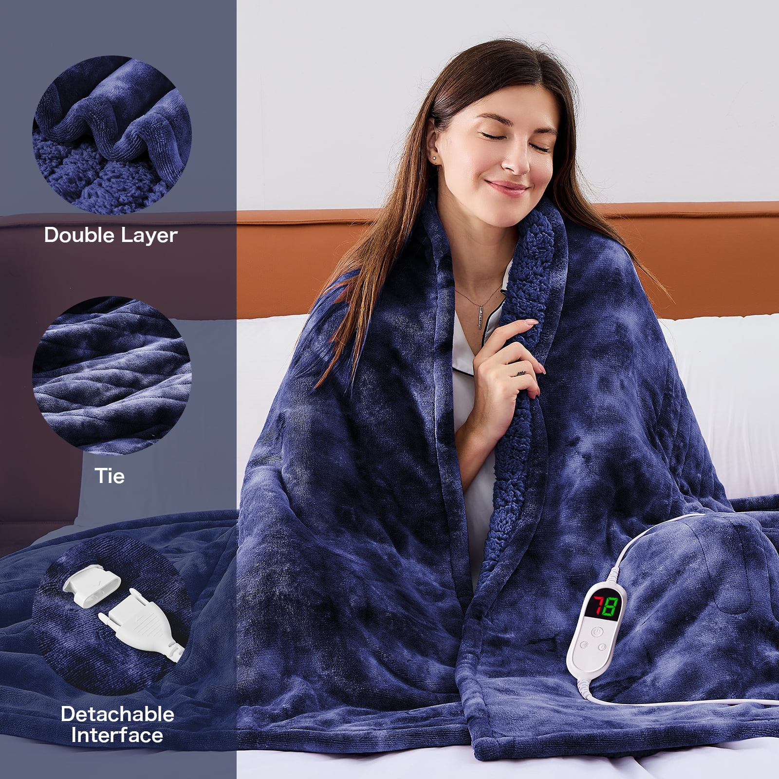 PMONPA Electric Heated Blanket, 51"x61" Heating Blanket for Adult, Soft Flannel & Sherpa, 10 Heating Levels & 1-8 Hours Auto off, Blue