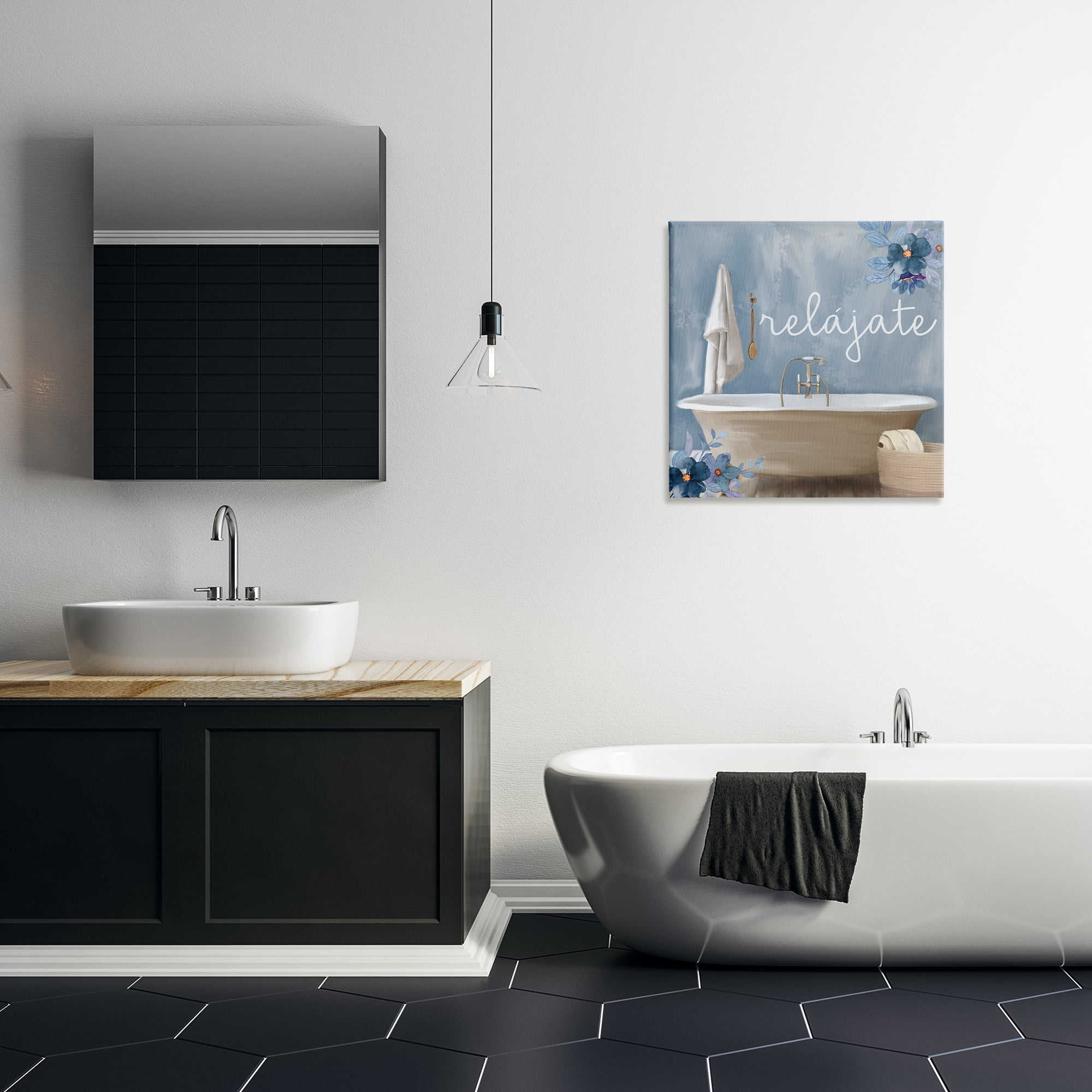 Stupell Industries Relájate con Baño Floral Bath & Laundry Painting Wrapped Canvas Art Print Wall Art, 24 x 24