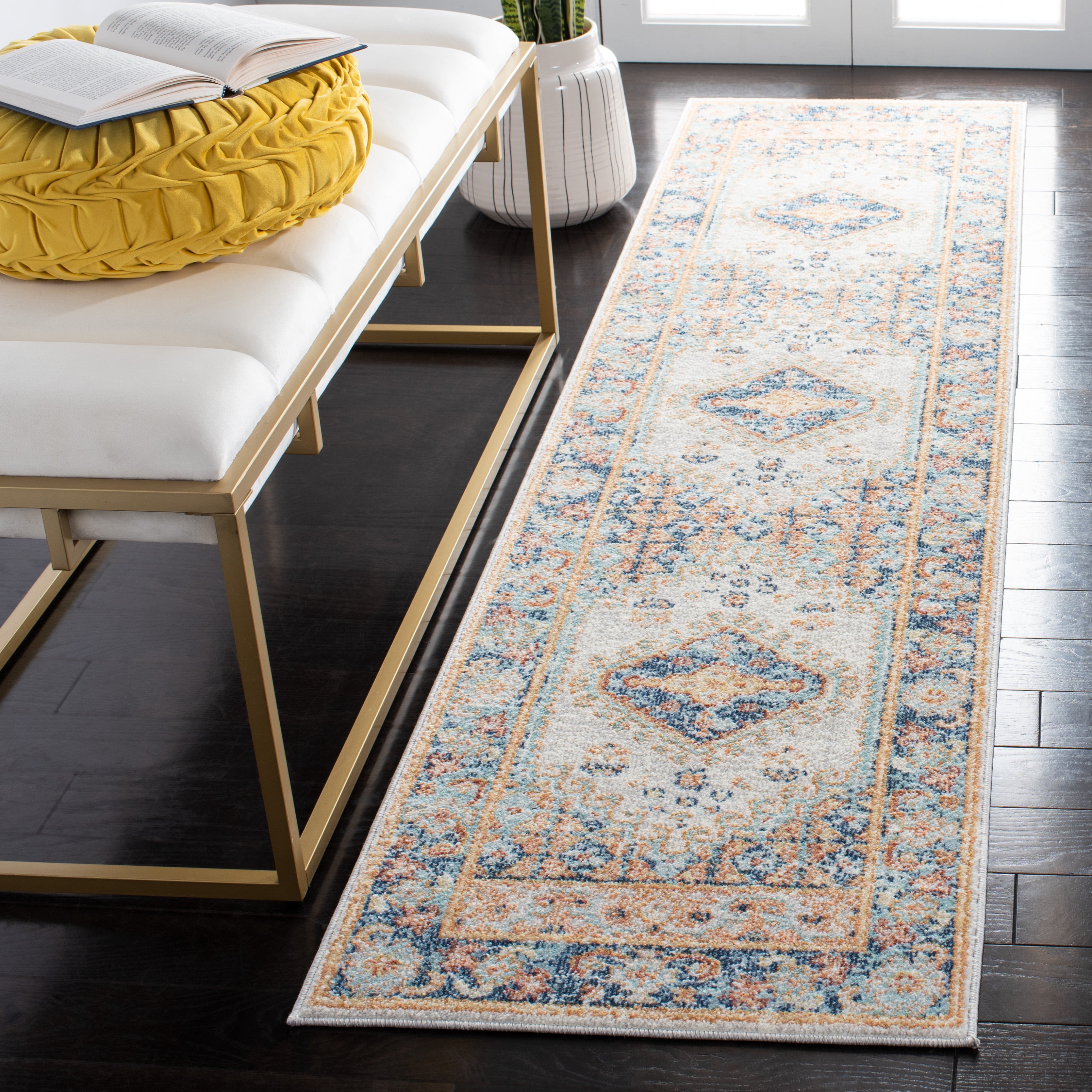 SAFAVIEH Aria Jina Oriental Runner Rug, Ivory/Navy, 2' x 8'