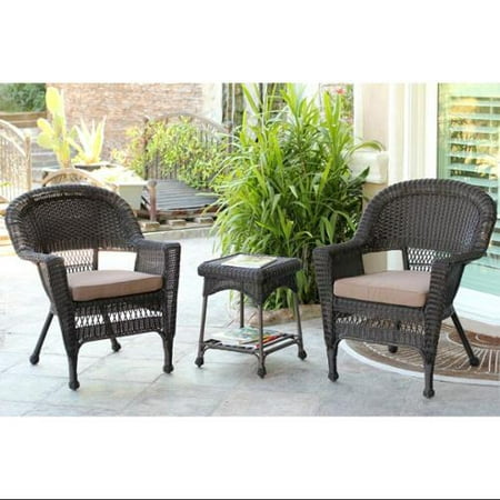 3-Piece Espresso Wicker Patio Chairs and End Table Furniture Set - Brown Cushions