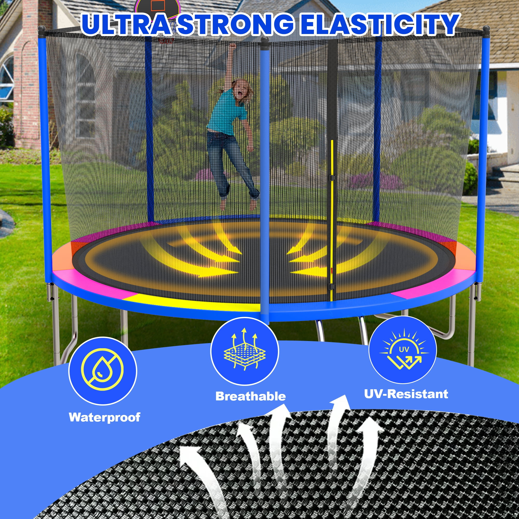 Outdoor Trampoline for Kids, Seizeen 12FT Kids Trampoline W/ Enclosure Net, Heavy-duty Rebounder Trampoline with Basketball Hoop, Ladder, Upgraded 4-W Support