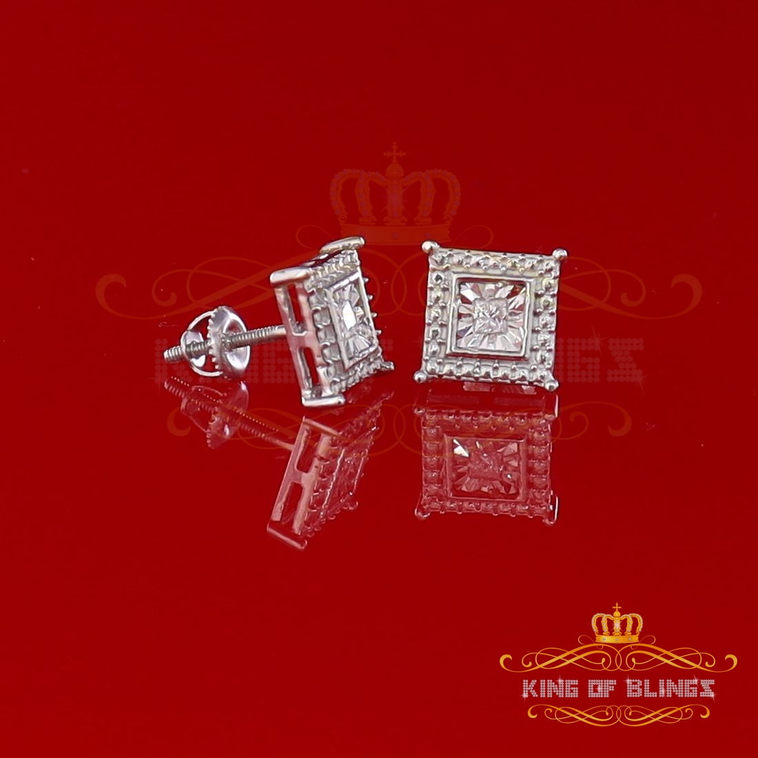 King of Bling's 0.10ct Diamond Stud Squre Earrings For Women White 925 Sterling Silver For Men