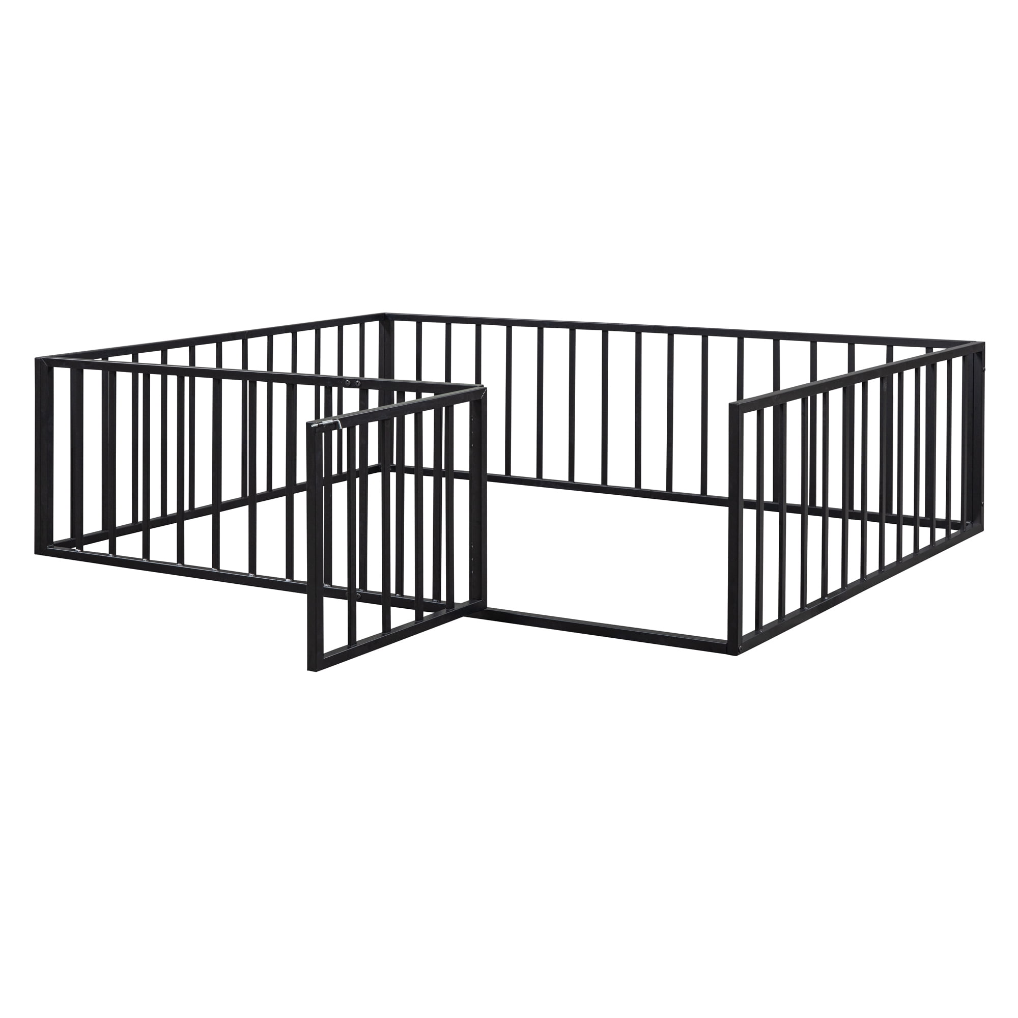 Queen Size Floor Bed with Fence and Door, Low Profile Metal Montessori Bed Frame with Slats Supports,Easy Assembly, No Box Spring Needed,Black