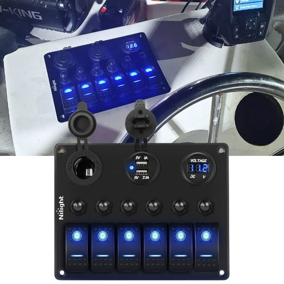 Nilight 6 Gang on off Rocker Switch Panel 12V Voltmeter Dual USB Charger Cigarette Lighter Socket For RV Truck Boat