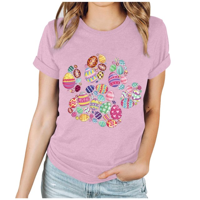 EGNMCR Chemises de Pâques pour Femmes Chemises pour Femmes Imprimé de Pâques Manches Courtes Col Rond T-Shirts pour Femmes