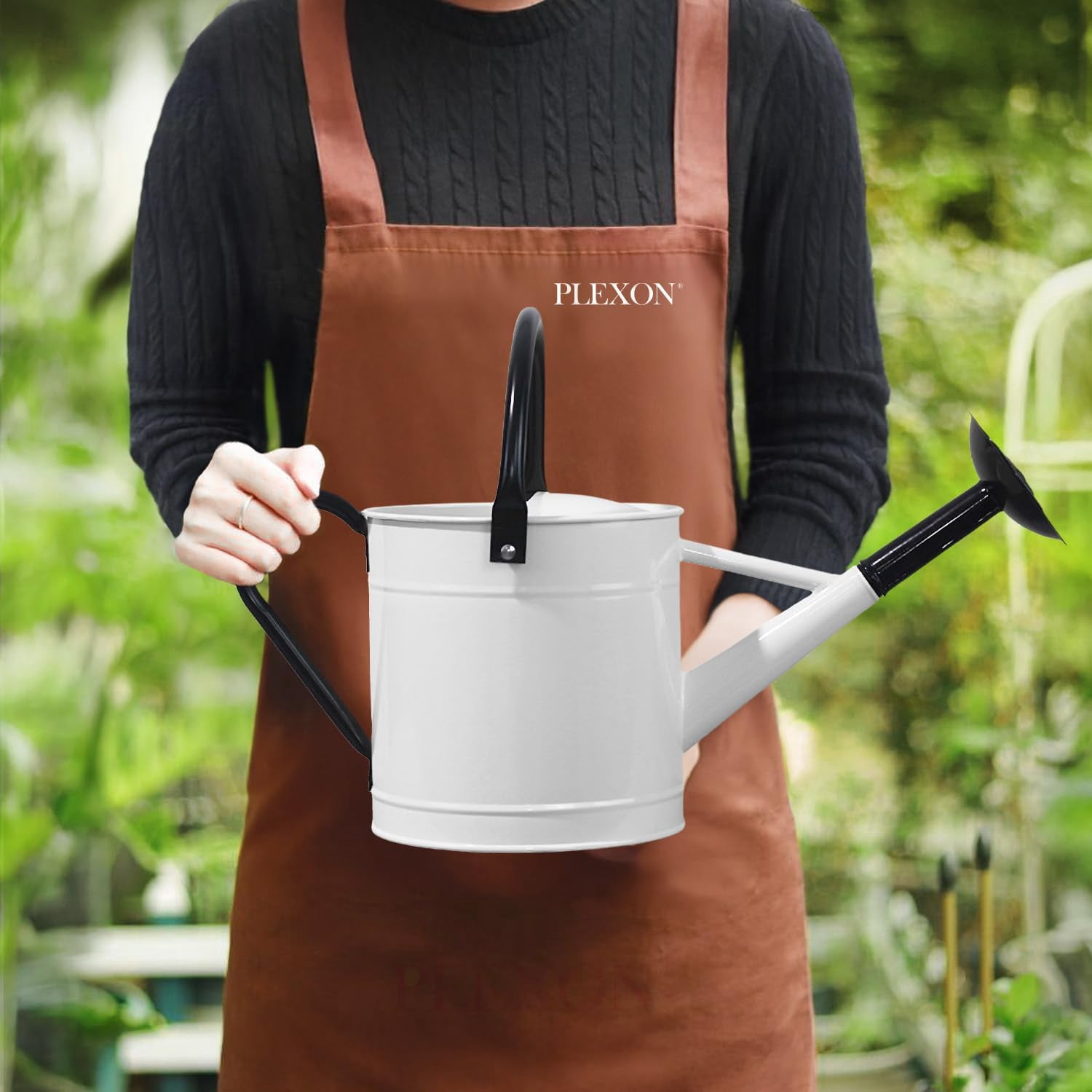 Plexon 1 Gallon Watering Can Metal, White Garden Metal Watering Can Outdoor, Indoor Metal Watering Can, Large Gardening Watering Pot, Black Galvanized Steel Handles and Removable Spray Spout
