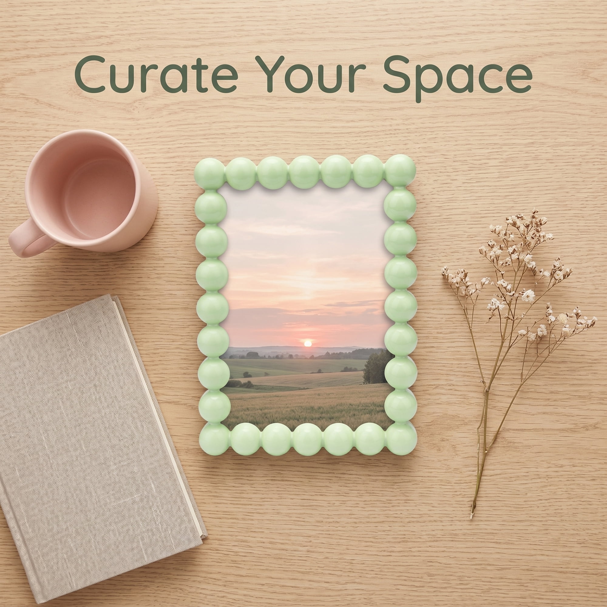 Unique Bargains Beaded Resin Picture Frame with Glass Elegant Pearl Border Green 4" x 6"