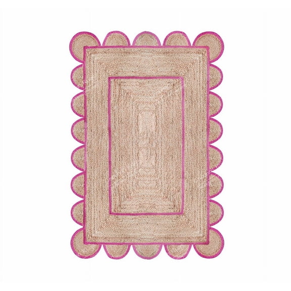 Area Rug Natural Jute Hand Braided Rug Pink Scalloped Runner