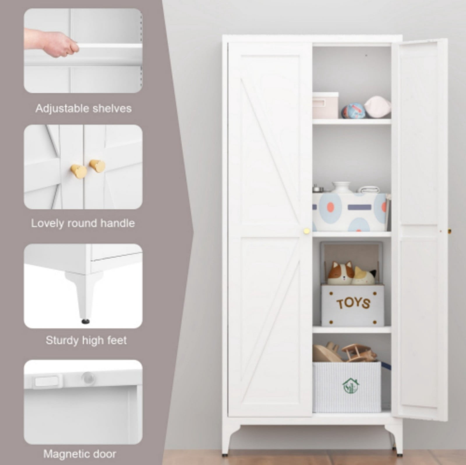 65" H Metal Storage Cabinet, 2-Door Steel Pantry Cabinet with Adjustable Shelves, Freestanding Kitchen Storage Cabinet for Living Room, Bedroom, Office, White